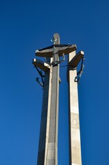Poland Gdańsk, September 23, 2022, Monument to the fallen shipyard workers - consists of three metal crosses placed in front of the shipyard in Gdańsk
