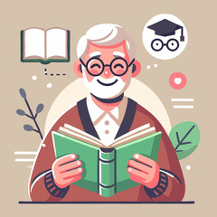 Illustration of an elderly man with a passion for learning reading a book
