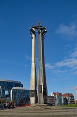 Poland Gdańsk, September 23, 2022, Monument to the fallen shipyard workers - consists of three metal crosses placed in front of the shipyard in Gdańsk