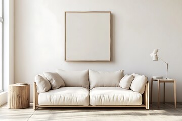 Light and airy living room interior with a blank frame above couch