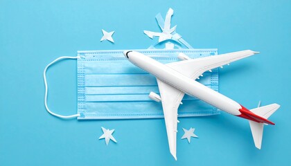 A miniature airplane rests atop a protective face mask, suggesting the cautious resumption of travel.