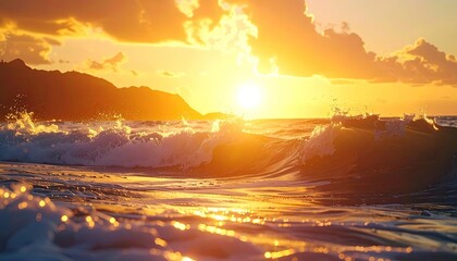 Ocean Waves Crashing on Beach at Golden Sunset with Dramatic Clouds and Reflections in Water Surface under Warm Sunlight