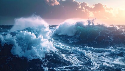 Ocean Wave Breaking at Sunset with Pink and Blue Sky Cinematic View