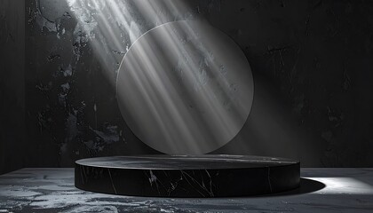 A dark, moody display with a circular light source and a black marble podium, highlighting the dramatic lighting and textured backdrop.