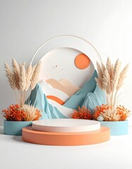 Minimalist 3D rendered scene with pastel-colored mountains, pampas grass, and a circular display stand