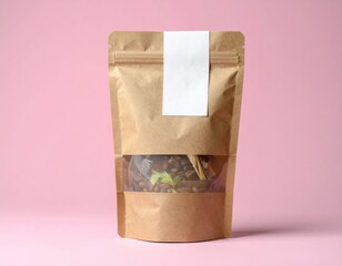 Kraft paper pouch with transparent window showcasing coffee beans and spices