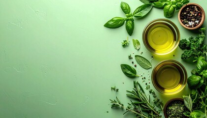 Fresh herbs and olive oil on green background