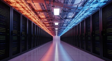Modern data center server room featuring rows of computer racks and colorful overhead cable management system