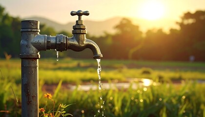 Rural Water Tap Dripping in Sunrise