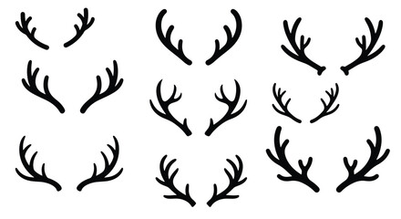 Pattern collection of black deer antlers in various shapes, minimal vector design for hunting, wilderness, and decorative projects.