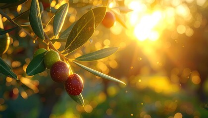 Olive Branch with Ripe Olives Green Leaves and Golden Sunlight Warm Glow Beautiful Bokeh Cinematic Lighting Macro Shot Detailed