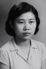 Vintage black and white restored portrait of Asian woman, classic studio headshot photography