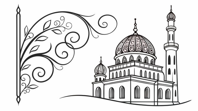 black and white mosque with decorative elements clip art preview