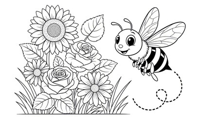 Obraz premium Cute bee among flowers illustration