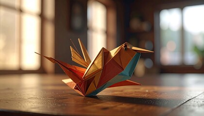 Orange and Blue Origami Bird on Wooden Surface with Sunlight and Soft Focus Background Featuring Window and Shelf, Cinematic Lighting