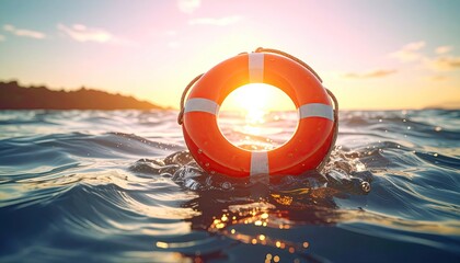 Orange Lifebuoy Floating in Ocean at Sunset with a Sky with Soft Glowing Tones and a Cinematic Macro Photography Style