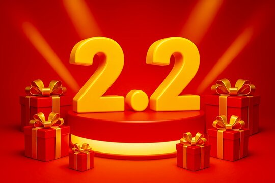 shopping online festival style numbers 2.2 on glowing podium, gift boxes and spotlight