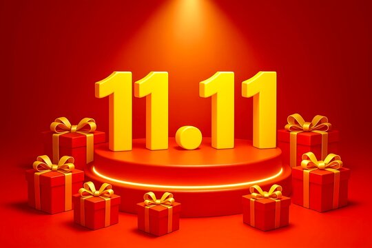 shopping online festival style numbers 11.11 on glowing podium, gift boxes and spotlight