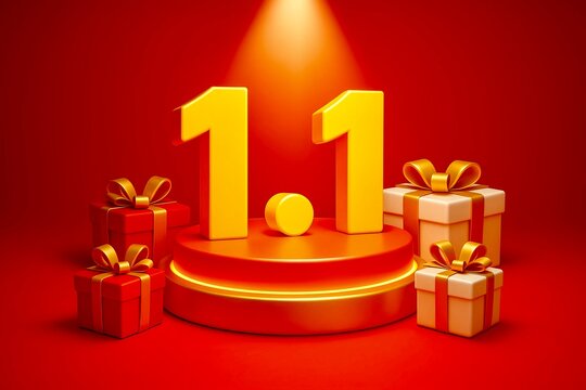 shopping online festival style numbers 1.1 on glowing podium, gift boxes and spotlight