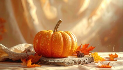 Orange Pumpkin on Rustic Wooden Board Surrounded by Autumn Leaves and Soft Light Fall Season Still Life