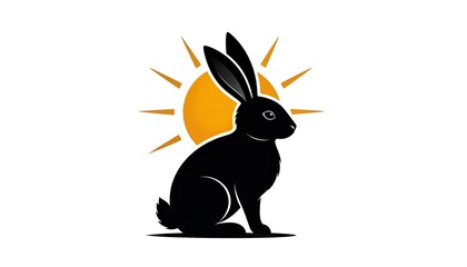 A stylized black silhouette of a rabbit positioned facing the side, bathed in the warm glow of a golden sunburst, creating a peaceful and serene image.