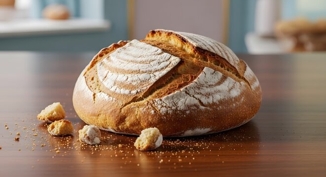 A rustic, freshly baked loaf of bread with a golden-brown crust, dusted with flour, sits on a wooden table with crumbs scattered around.