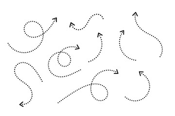 Set of black dotted arrows in doodle style. Clean dot style hand drawn doodle arrows set. Clean dot arrows style doodle set hand drawn. Curve Dotted line