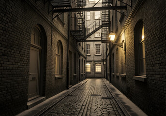 Fototapeta premium Sepia-Toned Cobblestone Alleyway Between Brick Buildings