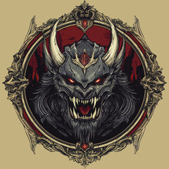  Dark Horned Beast Head in Ornate Frame | Menacing Fantasy Creature Vector Art