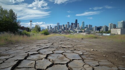 Cracked Earth Revealing Urban Skyline in Seattle Under Blue Sky