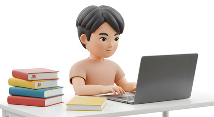 3D Illustration of a Young Boy Using a Laptop at a Desk Surrounded by Colorful Books for Virtual Learning