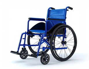Fototapeta premium Modern blue manual wheelchair for mobility and accessibility isolated on a white background.