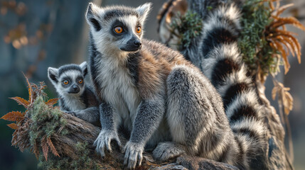 Obraz premium A watchful ring-tailed lemur with striking amber eyes sits protectively on a branch, her curious baby peeking out beside her, framed by lush textures and a striped tail in the background.