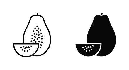 Simple black and white illustration of a papaya fruit with a cut section