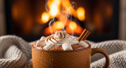 Cozy up with a steaming mug of hot chocolate topped with marshmallows and whipped cream next to a roaring fireplace, perfect for winter holidays and sweet treats