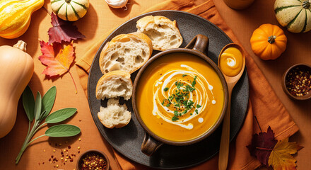 Delightful autumn spiced pumpkin soup garnished with cream and parsley, served with crusty bread, perfect for Thanksgiving menus and seasonal recipes, creating a warm and inviting atmosphere
