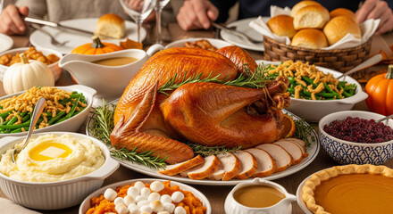 Celebrate Thanksgiving with a Delicious Feast Featuring a Golden Roasted Turkey, Creamy Mashed Potatoes, and Festive Autumn Vegetables, Creating Warm Memories with Loved Ones This Holiday Season
