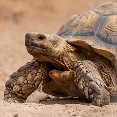 Close-up of a tortoise on tan sand
