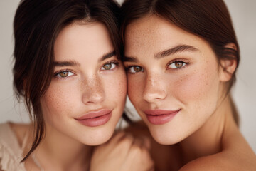 captivating portrait of matching models with sensual facial expressions against clean ultrabright background