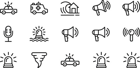 Emergency icons set, disaster warning signs, alert and rescue symbols, police, ambulance, megaphone, siren, flood, tornado, broadcast system © Akaza