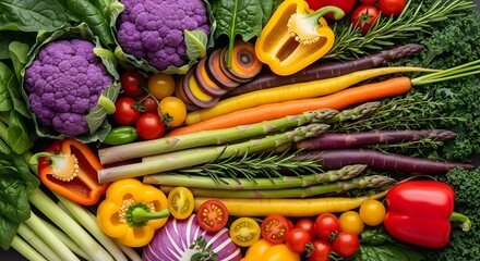 A vibrant and colorful assortment of fresh, raw vegetables, including purple cauliflower, carrots, asparagus, bell peppers, tomatoes, and leafy greens, artfully arranged for a healthy meal.