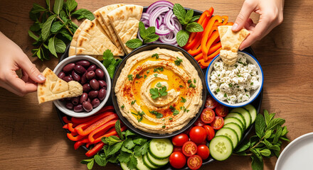 Delicious hummus platter with fresh vegetables, pita bread, and feta cheese invites a Mediterranean culinary experience, perfect for healthy snacking and sharing with friends and family