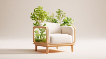 Neutral composition of interior with white armchair, with green plants in design