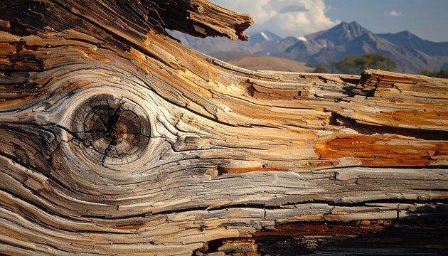Close-up view of a weathered log with intricate wood grain and a prominent knot, set against a backdrop of distant mountains. - Powered by Adobe