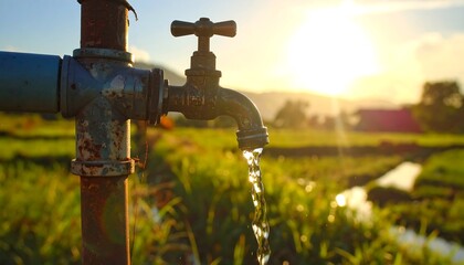 Rustic water faucet flowing in rural landscape