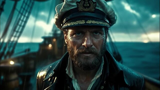 Intense close-up of a sea captain on a ship with dramatic ocean background