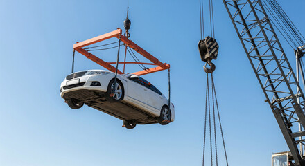 The image of the vehicle being loaded onto a container ship,