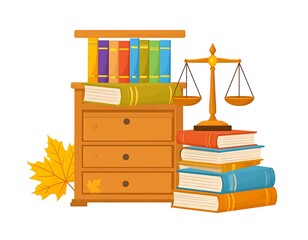 A wooden chest of drawers, overflowing with colorful books, and a golden scale of justice, illustrates an educational setting.