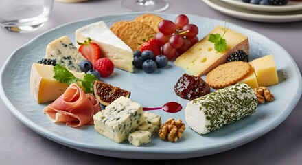 A beautifully arranged cheese board featuring a variety of cheeses, fruits, crackers, and cured meats on a light blue platter.