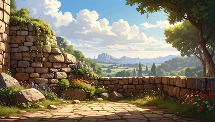 A sun-drenched vista unfolds from a weathered stone wall, filled with wildflowers and lush greenery, showcasing a picturesque valley stretching out beneath a dramatic sky.